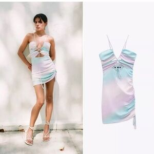 Zara blue green purple pastel ombre cut out strappy ruched halter top mini dress